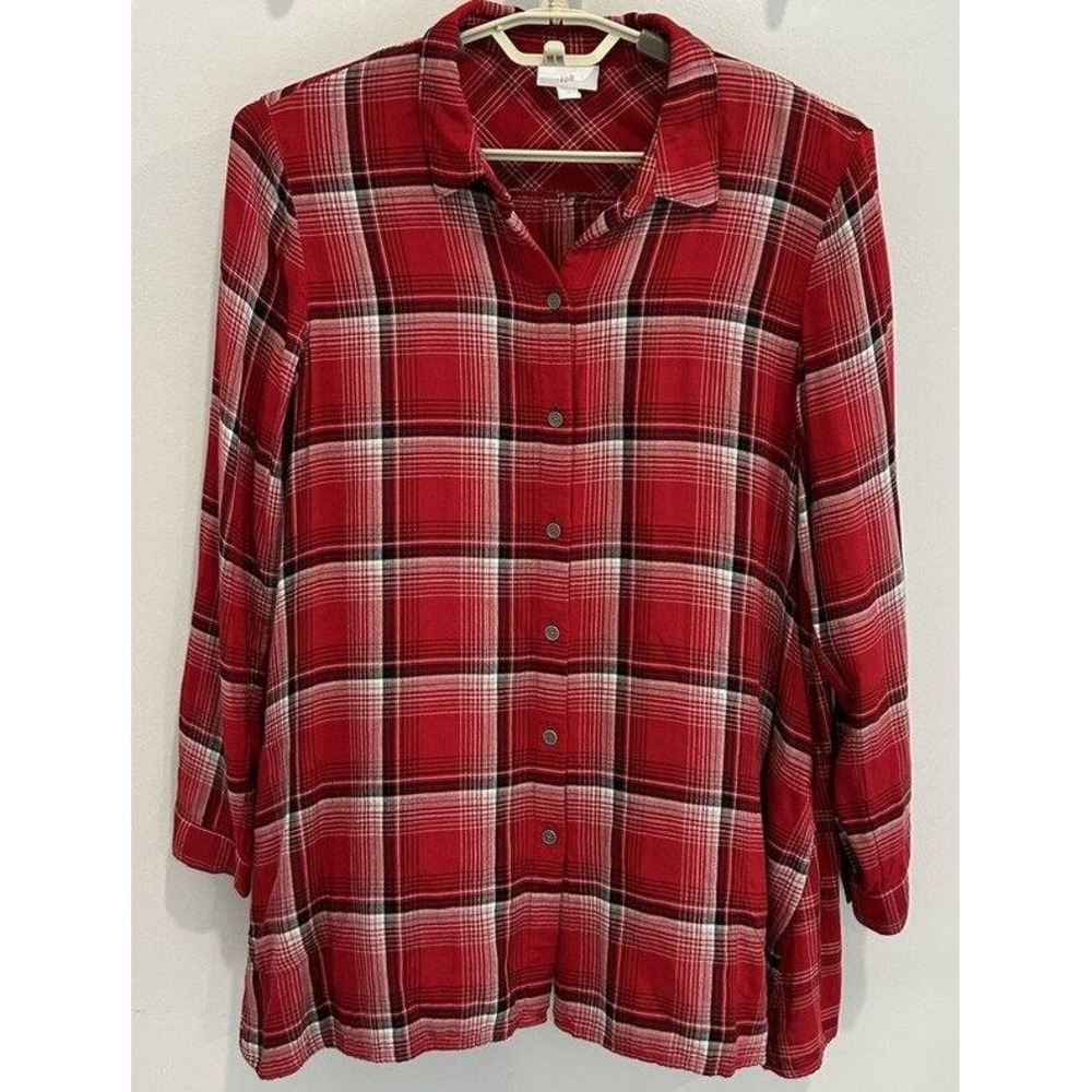 J Jill Red Black Plaid Long Sleeve Button Front Shirt Flowy Pockets Size M Pet